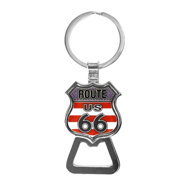 Route 66 Flag Shield Key Chain Bottle Opener