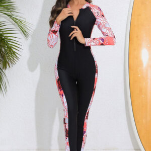 Women's Full-Coverage Brightly Orange Printed Sun Protection Wetsuit