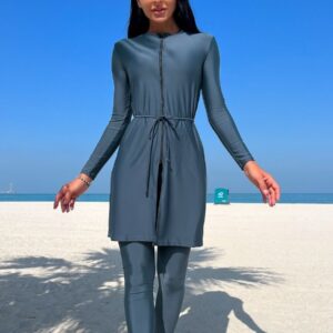 3pcs Front Zip Muslim Modest Long Sleeve Full Coverage Blue UPF50+ Women Rash Guard Trousers Swimsuit