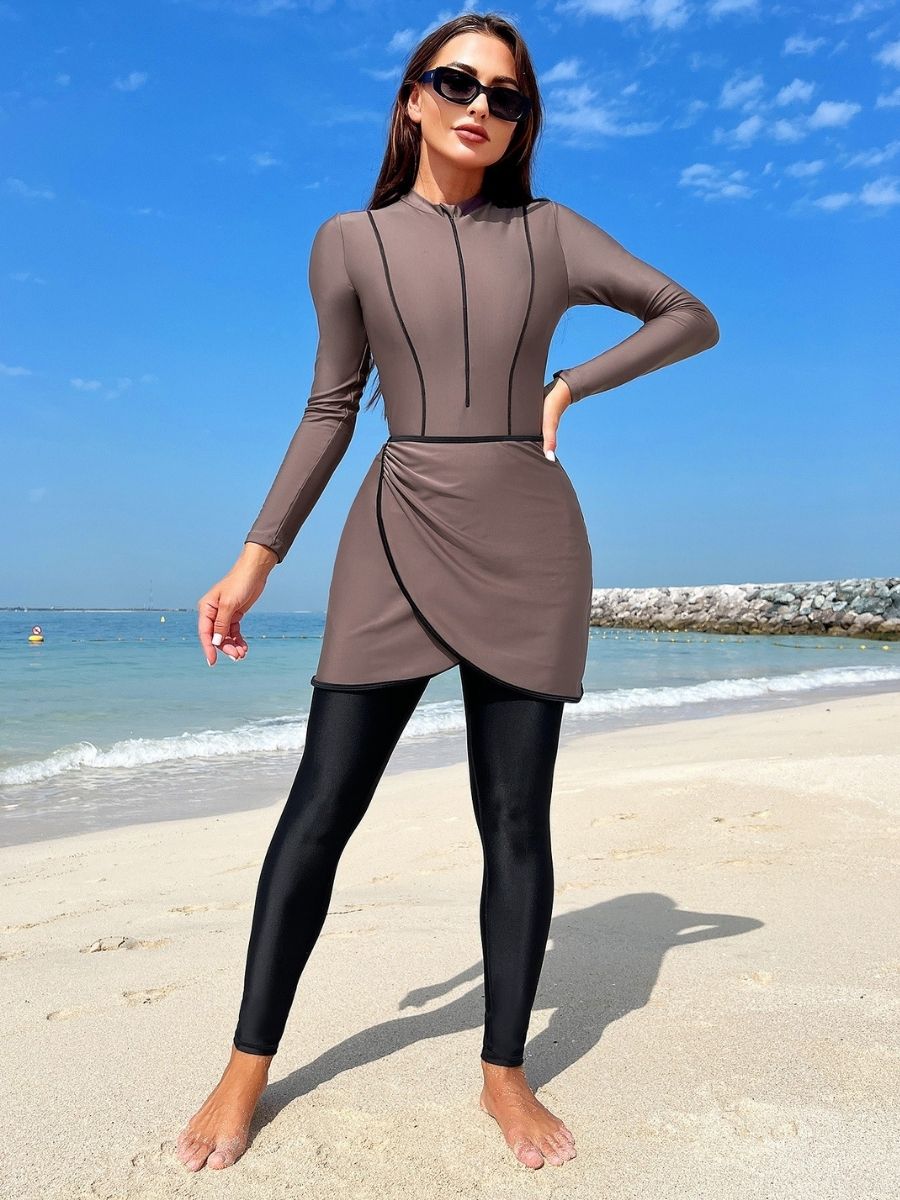 Burkini Muslim Modest Grey Two Piece Women Long Sleeve UPF50+ Rash Guard Diveskin Trousers Swimsuit - Image 2