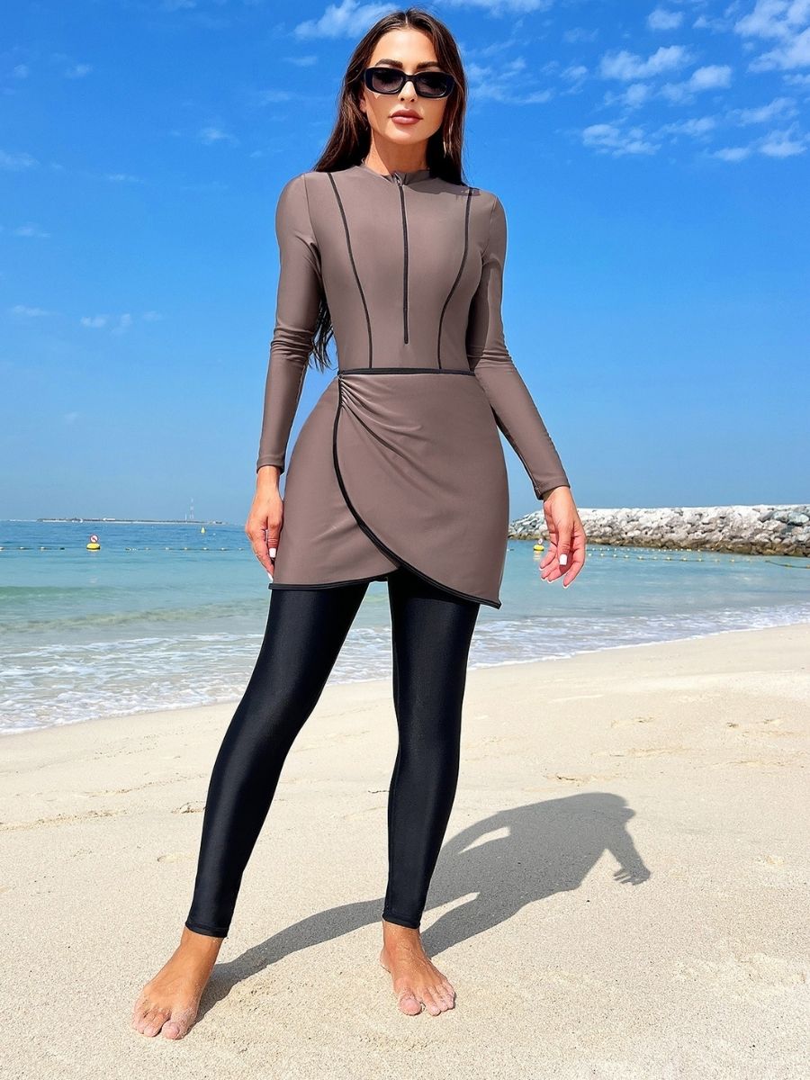Burkini Muslim Modest Grey Two Piece Women Long Sleeve UPF50+ Rash Guard Diveskin Trousers Swimsuit - Image 4