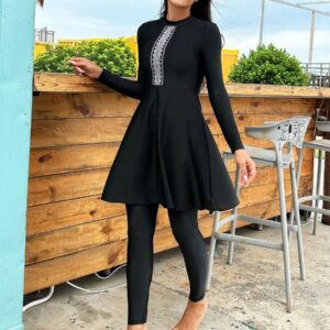 Burkini Muslim Modest Black Two Piece Women Long Sleeve UPF50+ Rash Guard Diveskin Trousers Swimdress