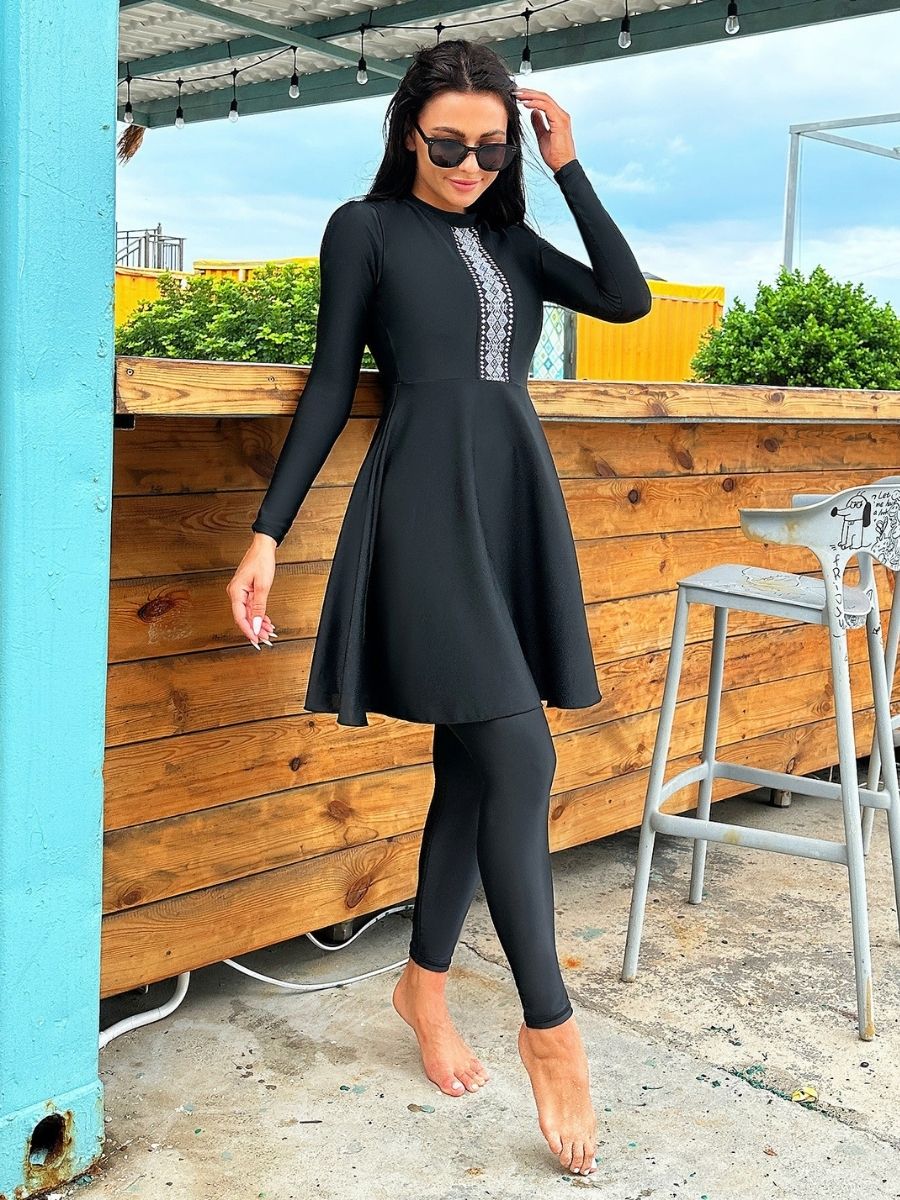 Burkini Muslim Modest Black Two Piece Women Long Sleeve UPF50+ Rash Guard Diveskin Trousers Swimdress - Image 3