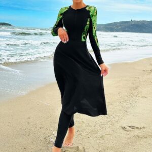 Floral Print Muslim Modest Two Piece Long Sleeve UPF50+ Women Rash Guard Trousers Swimdress