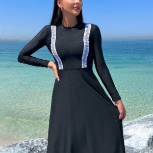 Two Piece Muslim Modest Long Sleeve UPF50+ Women Rash Guard Trousers Swimdress