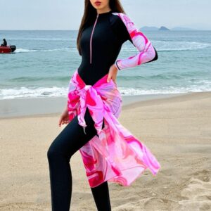 Full Coverage Muslim Modest Long Sleeve Front Zip UPF50+ Women Rash Guard Trousers Swimsuit