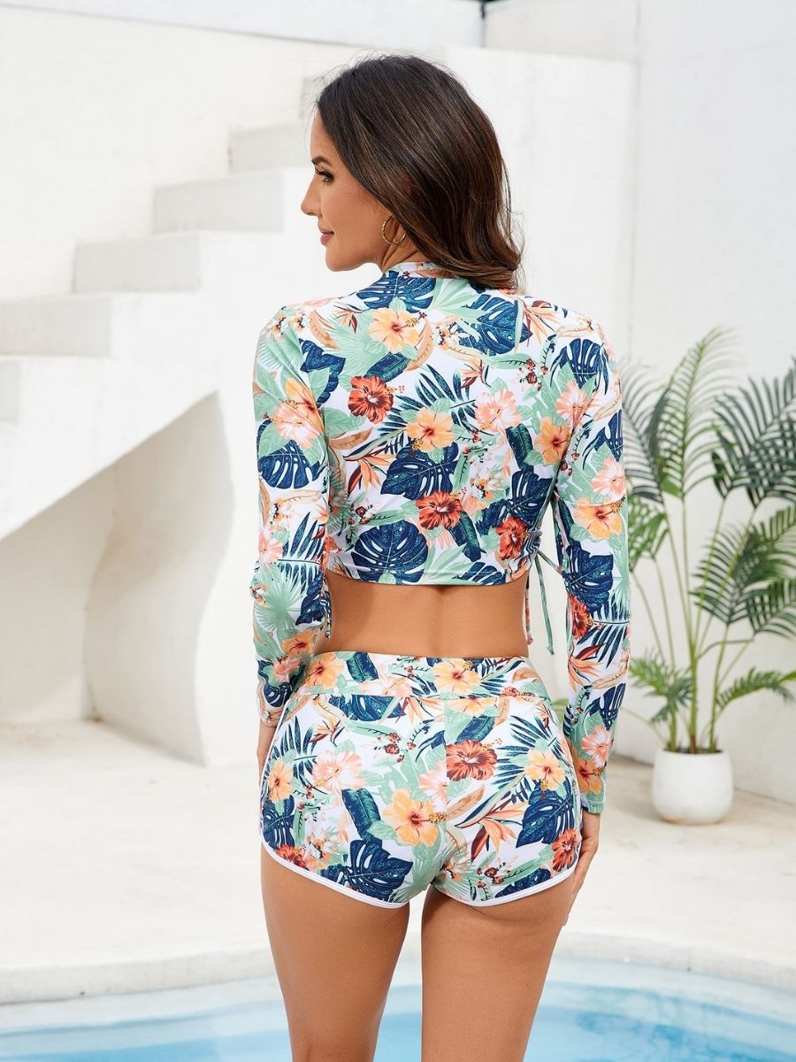 Floral Pattern Boyleg Long Sleeve UPF50+ Two Piece Women Rash Guard Swimsuit - Image 2