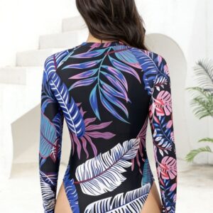 Alternative view of Leaf Pattern Front Zip High Neck Long Sleeve UPF50+ One Piece Women Long Torso Rash Guard Swimsuit