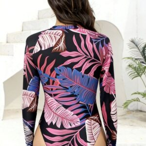 Alternative view of Front Zip Leaf Pattern Long Sleeve UPF50+ One Piece Women Long Torso Rash Guard Swimsuit