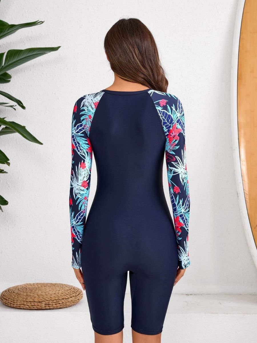 Floral Pattern Front Zip Color Block Jumpsuit Long Sleeve UPF50+ One Piece Women Rash Guard Swimsuit - Image 4